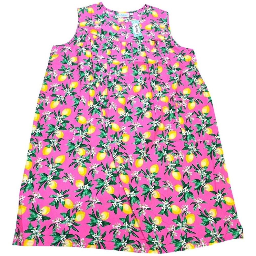 National Lemon Print Lounger Nightgown Women's‎ 2X Pink Pockets Sleeveless NWT